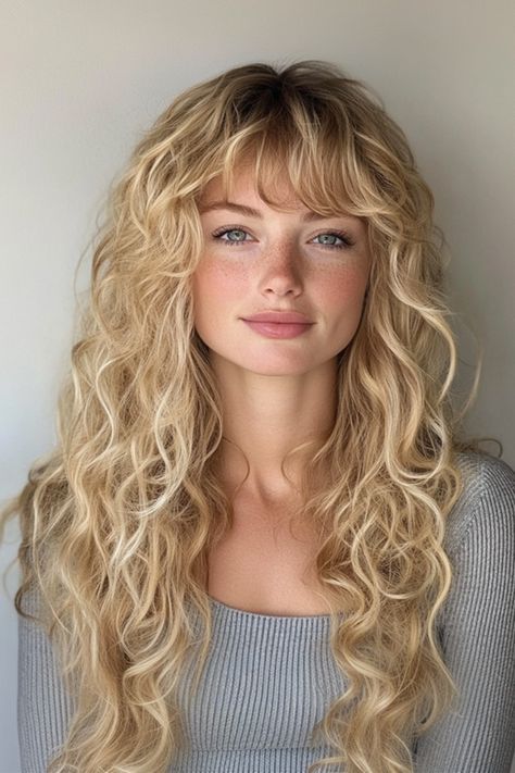 Haircuts For Blonde Curly Hair, Wavy Hair With Bangs Blonde, Platinum Blonde Balayage Curly Hair, Beach Waves Bangs, Long Curly Hair Bangs Fringes, Long Curly Blonde Hairstyles, Curly Blonde Lob, Perm Hair With Bangs, Shaggy Bangs Curly Hair