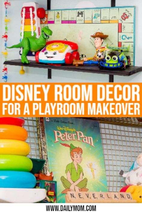 Disney Room Decor: Its Playroom Makeover Time! from DailyMom.com Disney Touches At Home, Vintage Disney Playroom, Disney Playroom Themed Rooms, Disney Inspired Playroom, Boys Disney Bedroom, Disney Themed Playroom Ideas, Disney World Themed Bedroom, Disney Inspired Furniture, Boys Disney Room