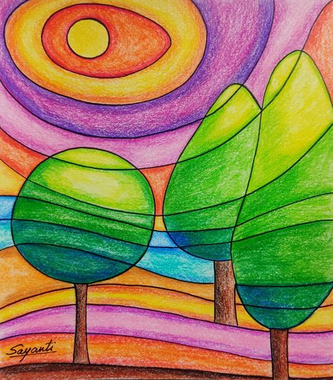 Easy Landscape idea in colour pencil for kids Pencil For Kids, Landscape Drawing Ideas, Easy Landscape, Color Pencil Sketch, Pencil Drawings For Beginners, Colour Pencil, Oil Pastel Drawings, Landscape Drawings, Abstract Drawings