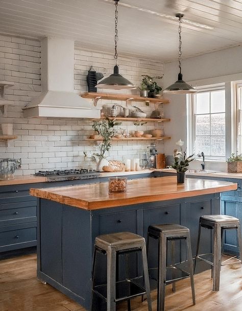 Blue White Wood Kitchen, Kitchen With Island Sink, Wood And Blue Kitchen, Small Attic Room Ideas, Farmhouse Kitchen Designs, Small Attic Room, Attic Room Ideas, Island Sink, Coastal Farmhouse Kitchen