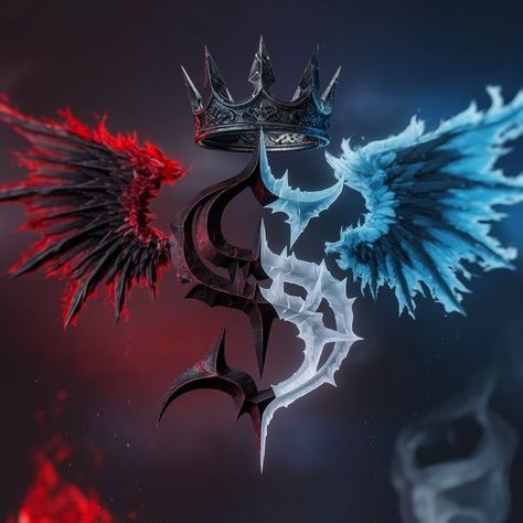 "S" split into two contrasting halves, one side engulfed in dark crimson flames and the other encased in an eerie frost. A dual-element crown of twisted black metal and shimmering silver ice rests atop. Large gothic wings, one side fiery red and the other icy blue frame the "S," set against a dark, moody gradient from deep red to midnight blue., cinematic Fire Photography, Blue Frame, Batman Logo, Fiery Red, Blue Frames, Icy Blue, Digital Art Tutorial, Vintage Logo, Ice Skating