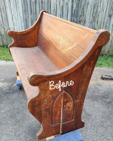 Painted Pew Bench, Front Porch Pew Decor, Shabby Chic Bench Ideas, Pews In Homes, Painted Pews In Homes, Front Porch Pew Bench, Refinished Bench Entryway, Entryway Bench Makeover, Vintage Chair Entryway