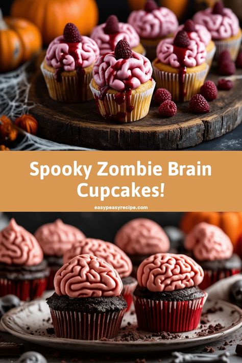 Cupcakes decorated with pink frosting to resemble zombie brains, accented with dripping red sauce and topped with raspberries. Holiday Confections, Baked Fudge Recipe, Zombie Cupcakes, Brain Cupcakes, Brain Cake, Caramel Recipe Easy, Zombie Brain, Halloween Deserts, Zombie Brains