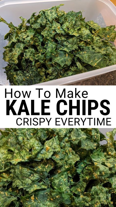 How to make kale chips in a dehydrator. Crispy kale chips in a bow. The recipe also states how to make kale chips in oven. How To Make Kale Chips In Oven, Crispy Kale Chips, Kale Chips Recipe Oven, Kale Chips Oven, Air Fryer Kale Chips Recipe, Cheesy Kale Chips, Kale Chip, Baked Kale Chips, How To Make Kale