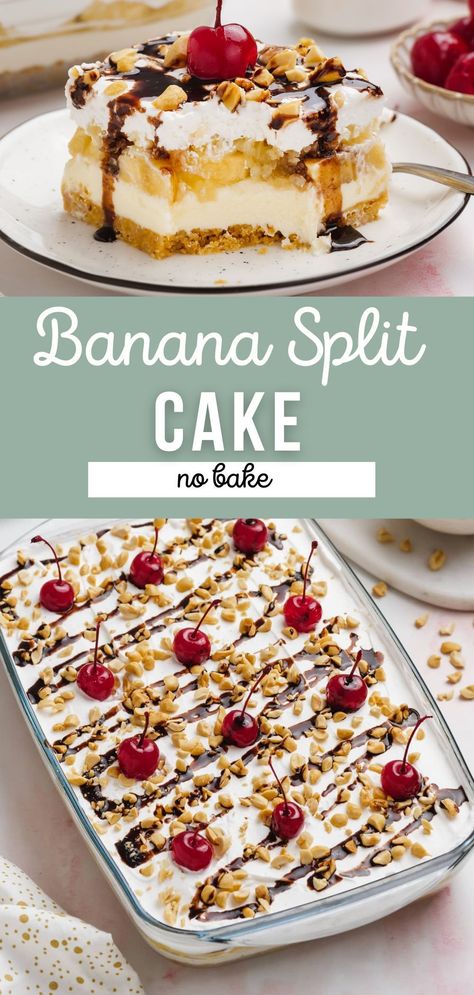 No Bake Banana Split Cake, Banana Split Cake Recipe, Banana Split Dessert Recipes, Banana Split Pie, Banana Split Cake, Split Cake, Banana Split Dessert, Make Ahead Desserts, Banana Dessert