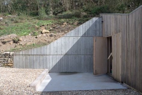 Upstairs, Downstairs: A Workshop and Garage Hidden in a Hillside - Gardenista Hillside Retaining Wall, Feilden Fowles, Workshop Kitchen, Kitchen Workshop, Upstairs Downstairs, Underground Garage, City Farmhouse, Garage Studio, Futuristic Home