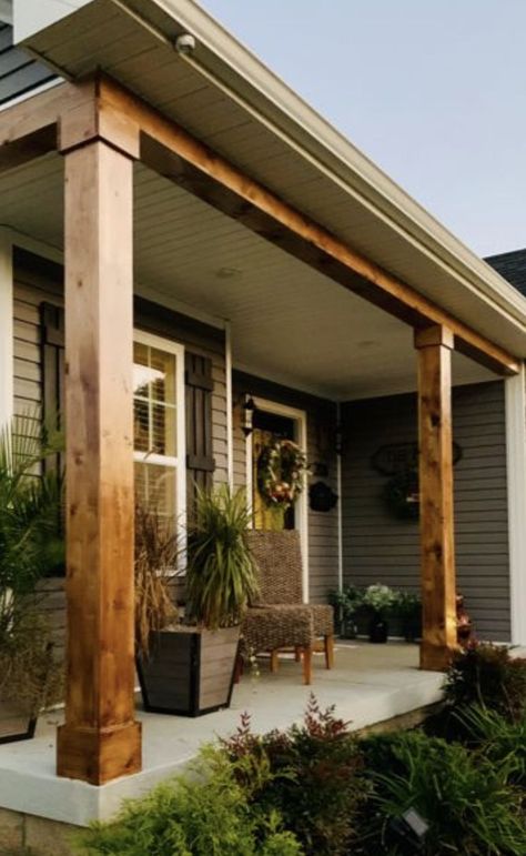 Front Porch Wood Accents, Small Porch Addition, Faux Wood Pillars Front Porches, Front Porch Half Covered Half Not, Porch Beam Wrap, Exterior Posts Front Porches, Faux Wood Beams Outdoor, Porch Redo On A Budget, Boxing In Porch Posts