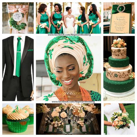 Nigerian Wedding Colors: Emerald Green & Peach Emerald Green And Peach Wedding, Yoruba Traditional Wedding Cake, Nigerian Wedding Colors, Wedding Colors Emerald Green, Wedding Colors Emerald, Green And Peach Wedding, Wedding Emerald Green, Peach Wedding Decorations, Emerald Wedding Colors