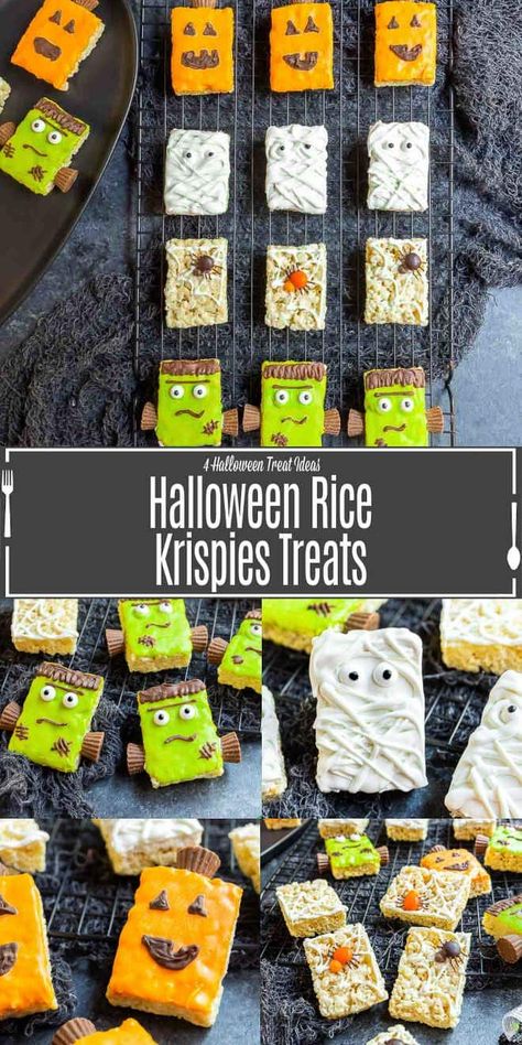 4 different ideas for decorating Halloween Rice Krispies Treats Halloween Rice Crispy Treats, Rice Krispies Treats Recipe, Halloween Rice Krispies, Mummy Pumpkin, Halloween Rice Krispie Treats, Easy Halloween Party Food, Delicious Halloween Treats, Fun Halloween Treats, Halloween Party Treats