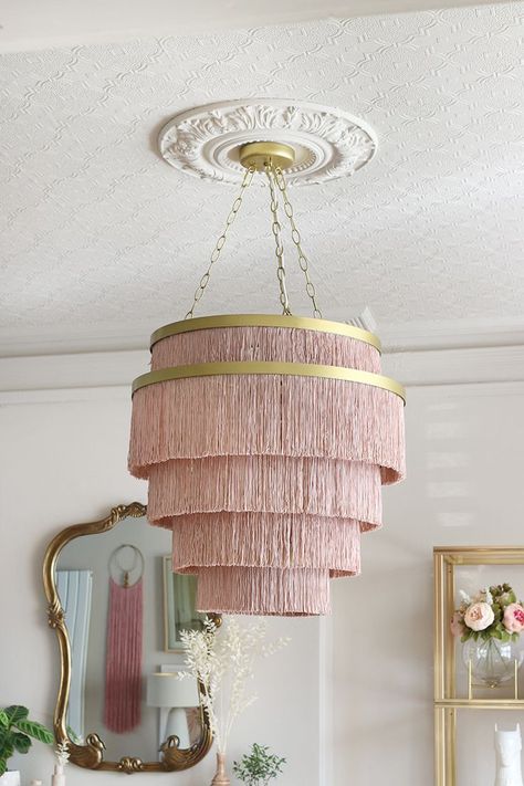 Fringe Light Fixture, Taupe Dining Room, Pink Dining Room, Pink Dining Rooms, Fringe Light, Flat Panel Radiators, Diy Shutters, Luxury Flooring, Dining Room Design