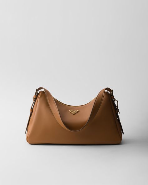 Caramel Prada Aimée Large Leather Shoulder Bag | PRADA Prada Brown Bag, Prada Aimee Bag, Prada Purses, Bag Prada, Prada Shoulder Bag, Luxury Crossbody, Mini Bucket Bags, Prada Bags, Fall Winter 2024