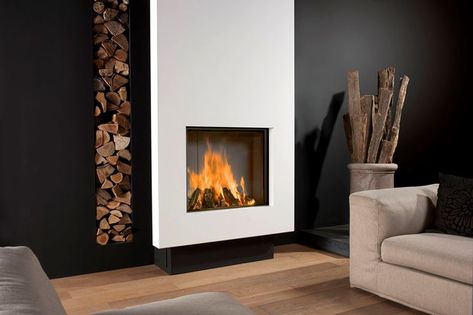 Bioethanol Fire, Fake Wood Flooring, Design Camino, Contemporary Fireplace Designs, Wood Burning Fireplace Inserts, Black Painted Walls, Gray Painted Walls, Fire Places, Electric Fire