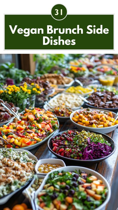 A variety of colorful vegan brunch side dishes including salads, baked goods, and fresh fruit, perfect for a plant-based meal. Brunch Vegan Ideas, Vegan Retreat Food, Vegetarian Brunch Recipes For A Crowd, Vegan Entrees Fancy, Vegan Brunch Ideas For A Crowd, Brunch Veggie Ideas, Vegan Buffet Ideas, Brunch Salad Ideas, Vegan Catering Ideas