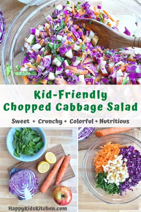 Kid Salad Ideas, Kid Friendly Veggies, Kid Salad, Kid Friendly Salads, Colorful Cabbage Salad, Kid Friendly Mediterranean Meals, Easy Roasted Cabbage Salad, Crunchy Cabbage Salad Recipes, Cabbage Chickpea Salad