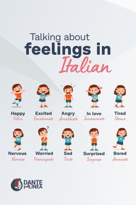 How to express feelings in Italian ... The most common way to express emotions and feelings in Italian. #danteinlinea #feelingsinitalian #emozione #learnitalian #italiancourse #italianlanguage Most Common Italian Words, How To Speak Italian Learning, How To Learn Italian, Italian Basics, Cool Italian Words, Italian Study, Talking About Feelings, Italian Notes, Talk About Feelings