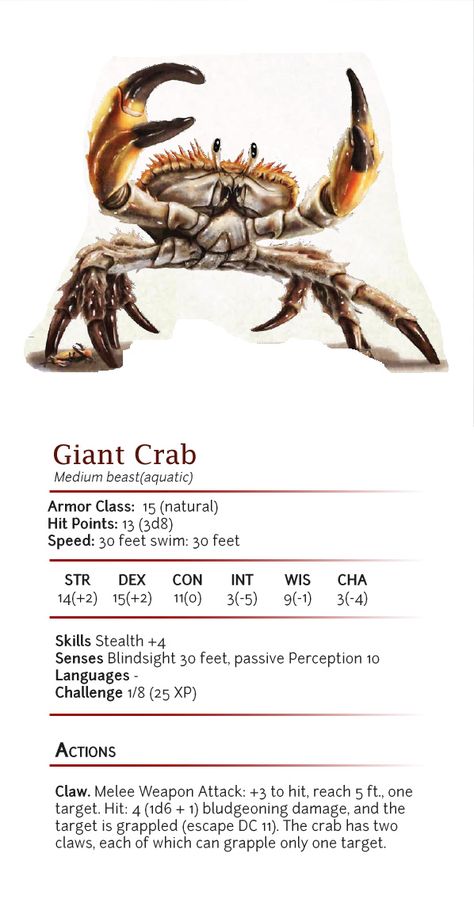 Caranguejo Gigante Crab Dnd 5e, Dnd Giant Crab, Giant Crab Monster, Dnd Ocean, Giant Crab, Dnd Stats, Mythical Creatures Fantasy, Dungeons And Dragons 5e, Beast Creature