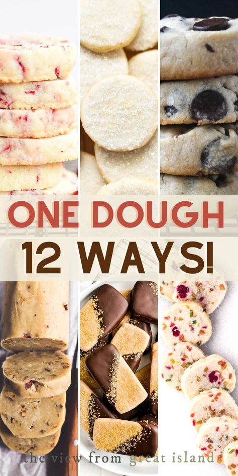 One shortbread cookie dough recipe that can be made into 12 delicious cookies. Which one will you try first? Cookie Dough Log, Cookie Dough Freezable, Make Ahead Freezer Cookie Dough, Cookie Dough Roll Recipes, Best Freezer Cookie Recipes, Freezer Slice And Bake Cookies, Freezer Cookie Dough Slice And Bake, Slice And Bake Cookie Recipes, Slice Cookies Recipe