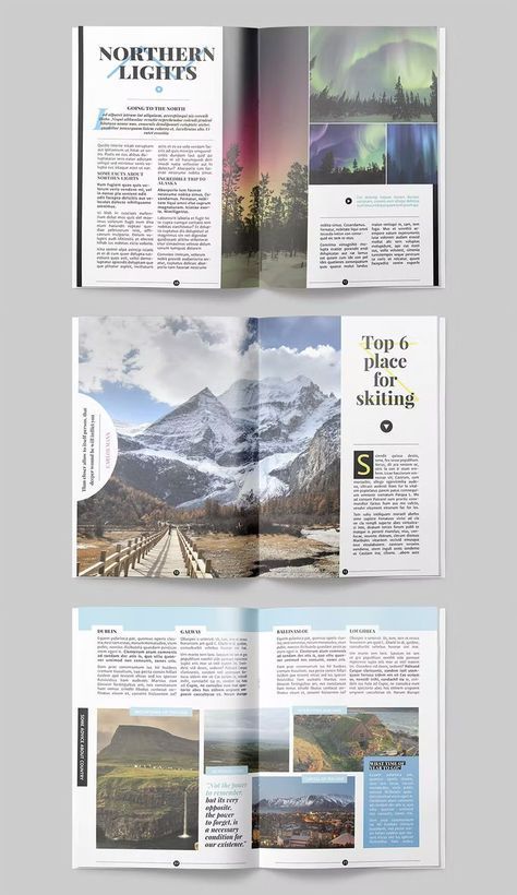 Travel Magazine Template InDesign INDD & IDML. 30 unique pages. Travel Magazine Cover, Travel Magazine Design, Travel Guide Book Design, Travel Magazine Layout, Magazine Page Layouts, Travel Brochure Design, Magazine Cover Ideas, Outdoor Magazine, Indesign Layout