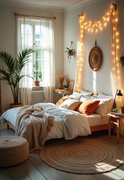 Boho Bedroom with Curtain Lights Boho Ceiling Lights Bedroom, Bedroom Curtain Lights, Country Boho Bedroom, Bright Boho Bedroom, Room Inspo Boho, Twinkle Lights Bedroom, Small Boho Bedroom, Minimal Boho Bedroom, Vintage Boho Bedroom