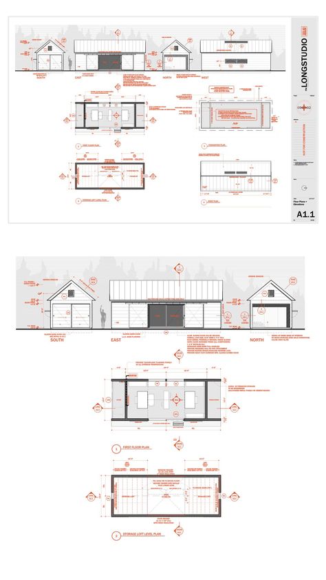 Architectural floor plan at top with an enlarged view of the elevations and plans below. Technical Drawings Architecture, Construction Plan Drawing, Architecture Construction Drawing, Working Drawings Architecture, Roof Plan Architecture Drawing, Autocad Template, Architecture Portfolio Examples, Elevation Architecture, Foundation Plan