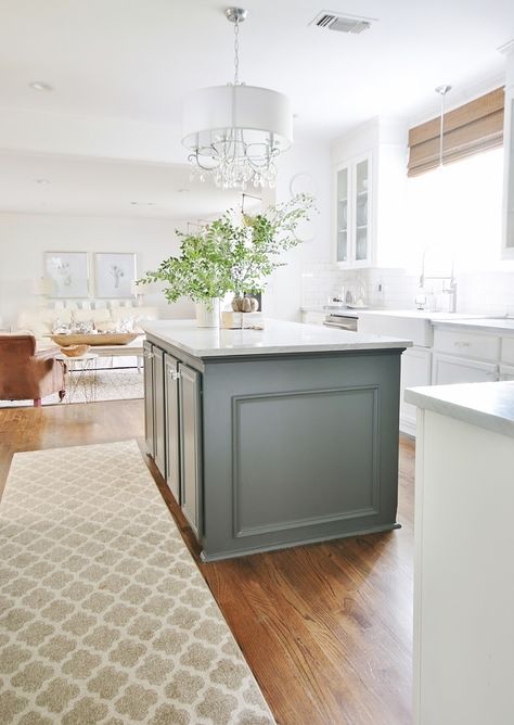 Kitchen Island Colour Ideas, Safe Green Kitchen Island, Kitchen Island Refinishing Ideas, Repainting Kitchen Island, Island Kitchen Paint Ideas, Green Center Island Kitchen, 2023 Kitchen Island Colors, How To Dress Up Kitchen Island, Sea Salt Kitchen Island