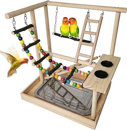 Hamiledyi Parrots Playground, Bird Play Gym Wood Perch Stand Colours Climb Ladders Swing Chewing Toys with Parakeet Feeding Cups Exercise Activity Center for Conure Cockatiel Lovebirds(Include a Tray) Bird Play Gym, Parrot Play Stand, Parrot Stand, Exercise Activities, Bird Stand, Activity Center, Play Gym, Bird Supplies, Wood Bird