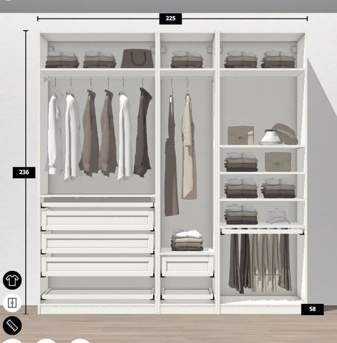 Ikea Wardrobe Inside, Wardrobe Layout, Beige Walls Bedroom, Wardrobe Shelving, Low Bed Frame, Wardrobe Design Modern, Ikea Wardrobe, Closet Decor, Pinterest Room Decor