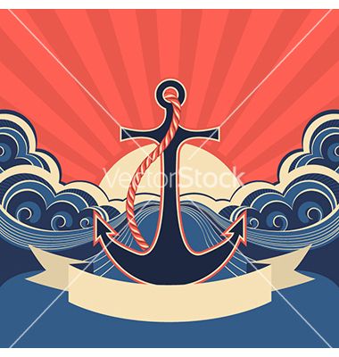 Nautical label with anchor and blue sea waves vector  by GeraKTV on VectorStock® Beach Art Diy, Anchor Art, Ship Vector, Sea Drawing, Cyberpunk Female, Art Deco Paintings, Waves Vector, Fancy Art, Floral Drawing