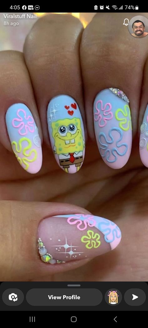 Spong Bob Nails, Spongebob Short Nails, Patrick Nails Spongebob, Bad Nails Epic Fail, Sponge Bob Nail Art, Spongebob Themed Nails, Spongebob And Patrick Nails, Baby Shark Nails, Patrick Star Nails