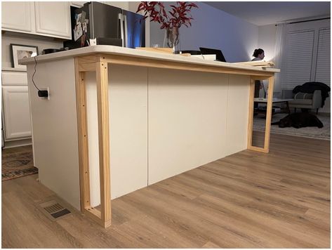 Extend Island Countertop Diy, Diy Kitchen Island End Panels, Beadboard Kitchen Island Diy, Wainscotting On Kitchen Island, Kitchen Island Supports, Fyi Kitchen Island, Kitchen Island End Cap Ideas, Kitchen Island Drywall Ideas, Drywall Island Makeover