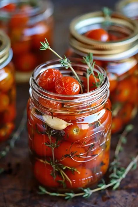 These preserved cherry tomatoes are a burst of summer flavor that you can enjoy year-round! Sweet, tangy, and perfectly seasoned, they’re stored in olive oil and herbs, making them a versatile addition to salads, pastas, or as a tasty snack on their own. This simple preservation method is perfect for using up an abundant harvest or enjoying fresh tomatoes long after the season ends. Ready to preserve your tomatoes like a pro? Click for the full recipe and start preserving today! Tomato Preserves Recipe, Cherry Tomatoes Recipe, Canning Cherry Tomatoes, Easy Pickling Recipes, Pickled Cherries, Preserving Tomatoes, Cherry Tomato Recipes, Tomatoes Recipe, Gourmet Snacks