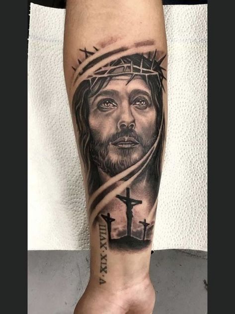 Black Jesus Tattoo Design, Jesus Tattoo Design For Men, Jesus Christ Tattoo Designs, God Tattoos For Men, Jesus Tattoos, Jesus Christ Tattoo, Jesus Tattoo Design, Best Leg Tattoos, Christian Sleeve Tattoo