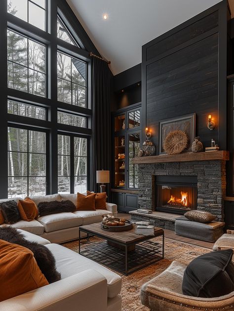 Interior Design Examples, Black Interior Design, Dark Home Decor, Black Living Room, Dark Home, Cottage Ideas, Interior Design Concepts, Cabin Ideas, Modern Cabin