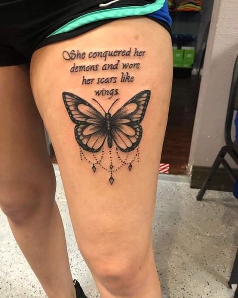 Women’s Meaningful Tattoo Ideas, Butterfly Tattoo With Quote Strength, Butterfly And Flower Tattoo With Quote, Different Tattoo Ideas For Women, Tattoo Ideas Front Thigh, My Mothers Keeper Tattoo Mom, Tatto Ideas For Girls With Meaning, Tattoos For Upper Thigh, Neat Tattoos For Women