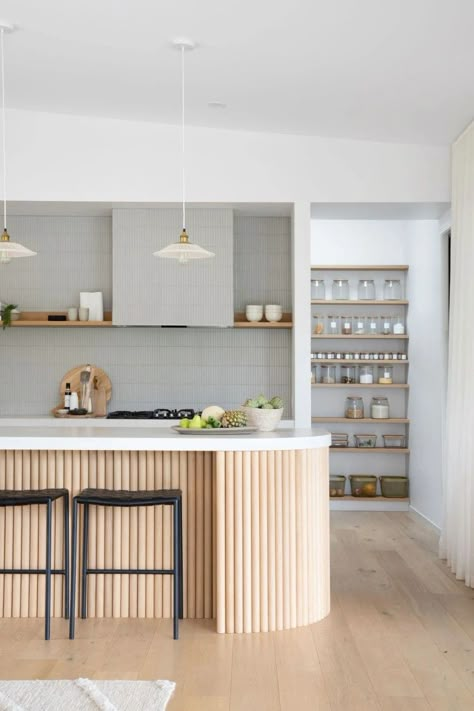 Porta Timber Kitchen, Ribbed Kitchen Island, Porta Timber, White Scandinavian Kitchen, Modern Australian Home, Curved Kitchen Island, Curved Kitchen, Kitchen Island Bench, Curved Bench