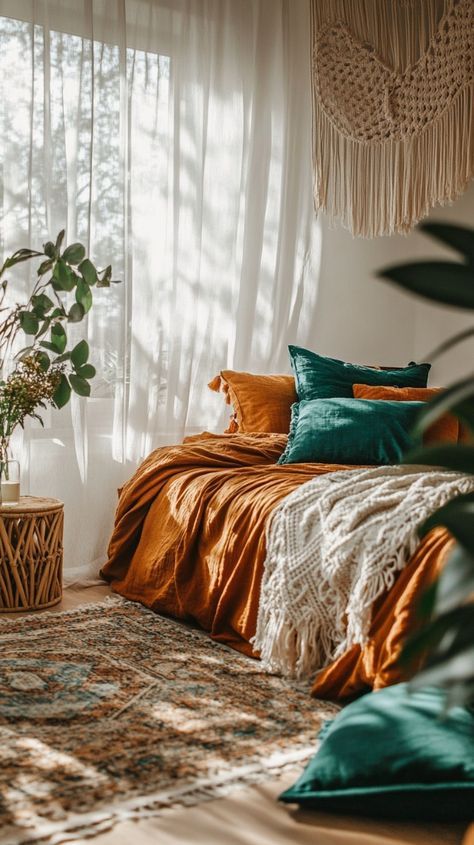 Burnt Orange Boho Room, Burnt Orange And Turquoise Bedroom, Rust And Teal Bedroom, Burnt Orange Bedroom Color Schemes, Emerald Green And Orange Bedroom, Burnt Orange And Teal Bedroom, Burnt Orange And Sage Green Bedroom, Orange And Blue Aesthetic Bedroom, Green And Burnt Orange Bedroom