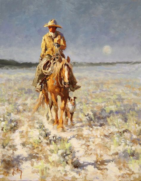 Evening Moon. Jim Rey Cowboy Artists, Santa Fe Art, Western Artwork, Wilde Westen, Western Paintings, West Art, Cowboy Art, Southwest Art, Cow Boy