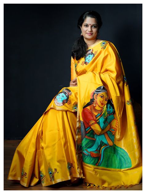 VEDA COLLECTIONS: 1. SILK SAREE Painted Saree, Saree Painting Designs, Kalamkari Designs, Designer Sarees Wedding, Saree Painting, Hand Painted Dress, Fabric Painting On Clothes, Kerala Saree, Cotton Saree Designs