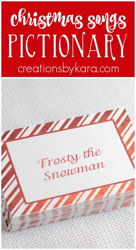 Christmas Carols Pictionary game- with free printable cards. Perfect for any Christmas party, or just for family fun! #christmasgames #christmaspictionary #freeprintablegame #Christmascharades -from creationsbykara.com Christmas Carol Pictionary, Christmas Song Pictionary, Creations By Kara, Christmas Pictionary Game Free Printable, Free Christmas Games For Family, Free Christmas Games, Christmas Pictionary, Christmas Carol Game, Christmas Charades