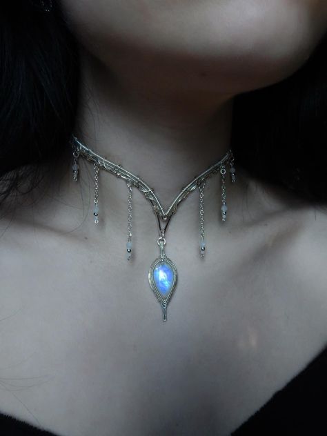 Silver And Stone Jewelry, Glowing Jewelry, Elven Necklace, Chandelier Necklace, Necklace Fairy, Sterling Silver Choker, Fairy Jewelry, Magical Jewelry, Crystal Necklaces