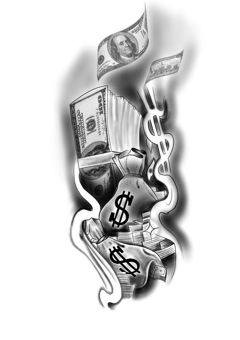 Money Theme Tattoo, Money Bags Tattoo, Cash Money Tattoo Design, Money Maker Tattoo Design, Money Over Everything Tattoos, Angel Holding Money Bag Tattoo, Money Tattoo Ideas For Men, Tattoos For Survivors, Money Rolls Tattoo