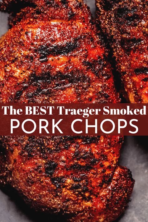 This Traeger Pork Chops recipe is a simple hands-off cooking method. You’ll be indulging in tender and smoky pork throughout grilling season! // boneless // bone in // smoked Pork Chop Injection Recipes, Grilling Bone In Pork Chops, Smoked Bbq Pork Chops, Pork Chops On Traeger Grill, Best Smoked Pork Chops, Traeger Pork Steaks, Traeger Pork Chops Bone In, Pellet Smoker Pork Chops, Pork Chops On Smoker