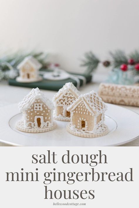 Try making mini gingerbread houses with salt dough! These houses are not edible, but the 3-ingredient salt dough makes creating them a breeze. Shorten the time commitment and get straight to decorating with these tiny salt dough gingerbread houses. Salt Dough Ideas For Adults, Salt Dough Houses How To Make, Salt Dough Bread, Nativity Salt Dough Ornament, Salt Dough Snowflakes, Cookie Ornaments Salt Dough, Glitter Salt Dough Ornaments, Salt Dough Village, Salt Dough Diy