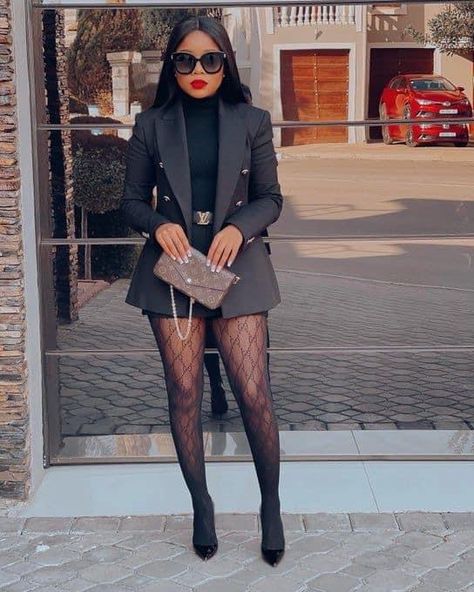 Blazer Dress And Stockings Outfit, Blazer With Stockings Outfit, Networking Outfit Women Winter, Dresses With Stockings Outfit Classy, Black Dress And Stockings Outfit, Blazer And Stockings Outfit, Black And Gold Dinner Outfit, Black Photoshoot Outfit, Dress With Blazer Outfit Work Attire