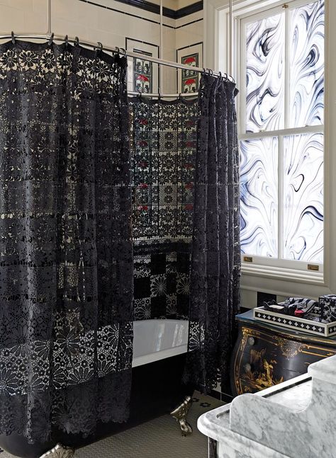 This bathroom's Signature Hardware tub has a lace curtain, adding to the gothic feel of the space. Bathroom Ideas, Curtains, Bath, Bath Room, Black Lace, Shower Curtain, Apartment, Black And White, Shower