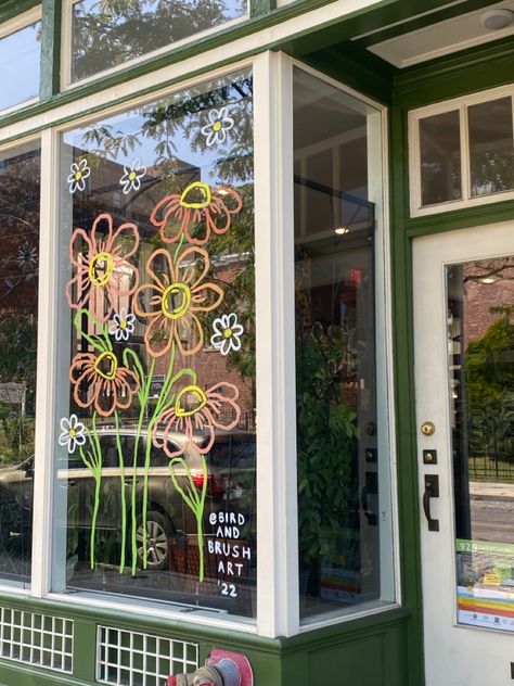 Cafe Window Painting, Mother’s Day Window Painting, Spring Window Drawing, Window Painting Ideas Spring, Spring Window Ideas, Window Display Art, Spring Window Decor, Window Display Painting, Floral Window Painting