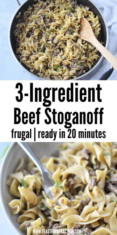 Quick & Easy 3-Ingredient Beef Stroganoff! Perfect for busy weeknights and budget-friendly too! Just grab ground beef, cream of mushroom soup, and egg noodles for a deliciously creamy dinner in minutes. Your family will love this simple and satisfying meal! Hamburger Meat Recipes Ground Cream Of Mushroom, Cream Of Mushroom Stroganoff Recipe, Skillet Stroganoff Ground Beef, Easy 3 Ingredient Ground Beef Recipes, Easy Ground Beef Stroganoff Without Cream Of Mushroom Soup, Hamburger Meat Stroganoff Recipes, Beef Stroganoff With Potatoes, Beef Stroganoff Without Cream Soup, Ground Beef Stroganoff Without Mushrooms