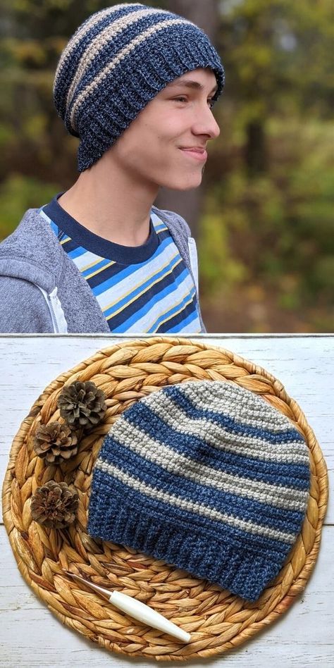 Slouchy Beanie Crochet Pattern Free Mens Knit Hats, Knit Boys Hats, Guys Crochet Hat, Crochet Hat For Teen Boy, Mens Toques Free Pattern, Crocheted Mens Hats, Men’s Slouchy Beanie, Crochet Men’s Slouchy Beanie, Crochet Men's Hats Free Pattern