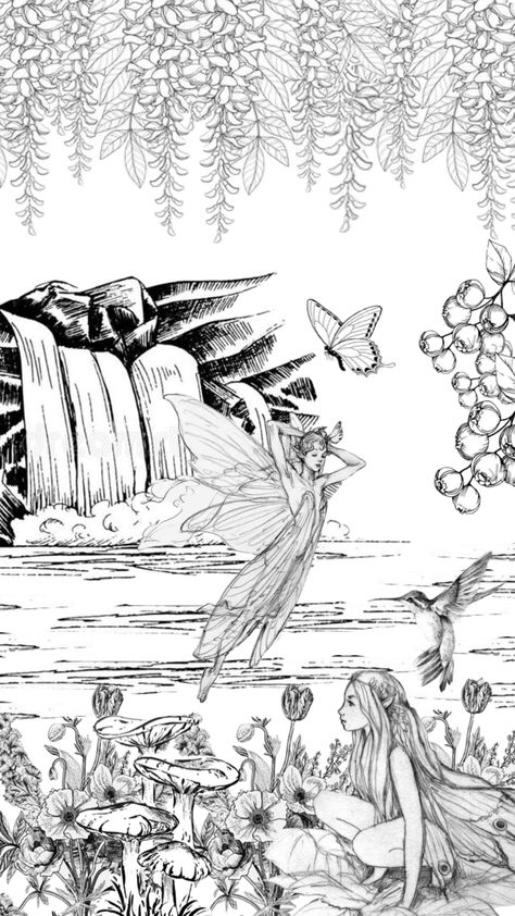 Fairyland. #fairies #handdrawn #aesthetic #blackandwhite #nature #fairy #fairyland Fairy Pond Drawing, Fairy Landscape Drawing, Fairy Garden Ideas Drawing, Fairyland Drawing, Fairy Forest Drawing, Fairy World Drawing, Fairy Village Drawing, Fairy Land Drawing, Fairies Drawing