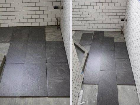 Lowes Galvano Tile 2.30  What's the Best Tile Layout For My Bathroom?: Straight or Staggered? Rectangle Tile Bathroom, Rectangle Tile Floor, Staggered Tile, Bathroom Floor Tile Patterns, Tile Layout Patterns, Large Tile Bathroom, Slate Bathroom, Large Floor Tiles, 12x24 Tile